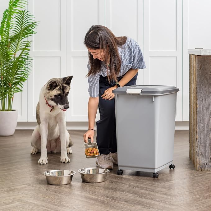 IRIS USA Dog Food Storage Container, 2-Pack, Up to 54 lbs, Gray/Dark Gray | Made in the USA, Comes w/ Wheels & 2-Cup Scoop, Airtight Seal, BPA-Free, Bird Seed, Cat food, Cat Litter, Multi-Pet Household