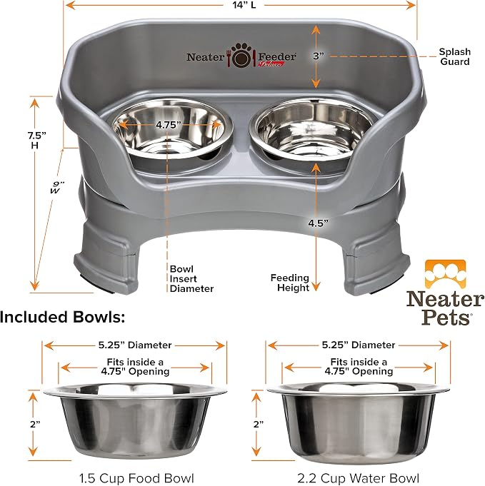 Neater Feeder Deluxe Mess-Proof Elevated Dog Bowls for Small Dogs (Up to 19 lbs), 2 Height Adjustable (6” & 7.5”) No-Spill Raised Dog Bowl Stand, Stainless Steel Food Bowl Set, Made in USA, Gunmetal