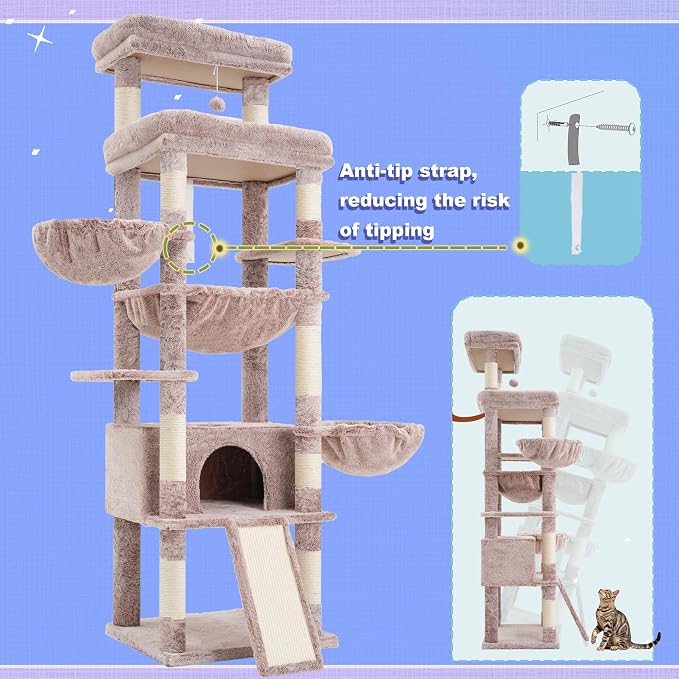Hey-brother Cat Tree Tower with Extra Large Platform and Basket, MPJ080MU- | 71.7 Inches Scratching Posts with Specious Condo, 2 Cozy Hammocks, Scratch Board for Indoor Adult Cats, Maine Coon Muchroom