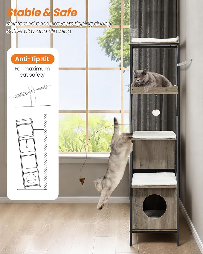 Modern Wood Cat Tree Tower for Indoor Cats Large Adult 67-in Tall | Heavy Duty XL Stable Wooden Cat Condo House Furniture with Multi-Level Spacious Perch Scratching Board Soft Washable Pads