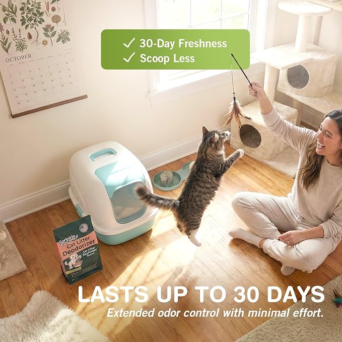 Sprinkle & Sweep: Litter Box Deodorizer Duo - 8oz Bag & Speed Sifter - Cat-Kitten Home Odor Neutralizer, Ultra-Absorbent Formula, Wood Handle Scooper
