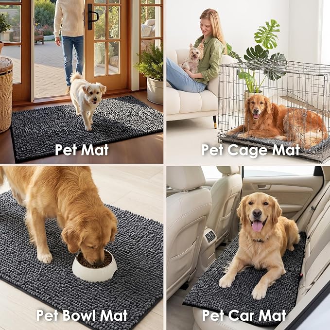 EHEYCIGA Super Absorbent Dog Door Mat for Muddy Paws 30x20 Inch Indoor, Front Doormat Outside Entrance, Quick Dry Chenille Washable Dog Crate Bed, Non-Slip Pet Rug Mud Mat Outdoor Entryway, Dark Grey