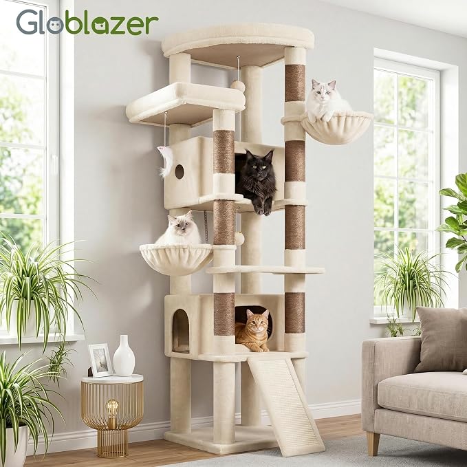 Globlazer 80in Tall Extra Large Heavy Duty Corner Cat Tree Tower, S80C | Sturdy Big Cat Tower for Indoor Cats Large Adult with Scratching Post, 2 Spacious Condos with Padding, 2 Perches, Beige