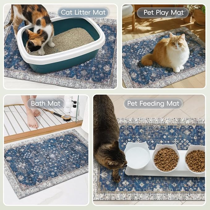 Cat Litter Mat Litter Trapping Mat, 33"x22" Waterproof Urine Proof Litter Box Mat Catcher Mat Non-Slip Washable for Kitty Kitten, Navy