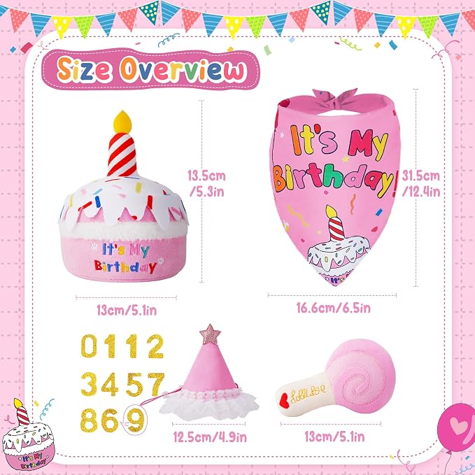 KIPRITII Dog Birthday Party Supplies – Pink Dog Birthday Cake Toys, Birthday Bandana & Hat for Small Dogs, Interactive Puppy Plush Toys to Relieve Boredom