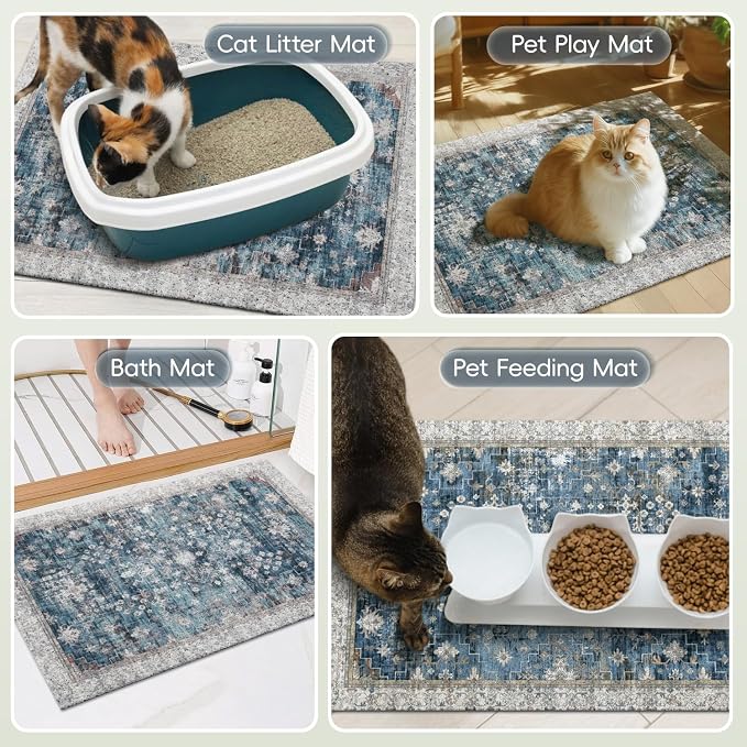 Cat Litter Mat Litter Trapping Mat, 24"x15" Waterproof Urine Proof Litter Box Mat Catcher Mat Non-Slip Washable for Kitty Kitten, Blue