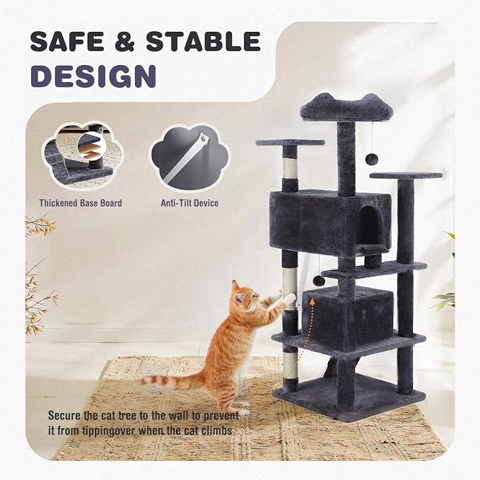 54 Inch Cat Tree Tower with Sisal Scratching Posts | Multi-Level Cat TreeTower with Climbing Ladder, Play Toy Balls House for Indoor Cats, Grey