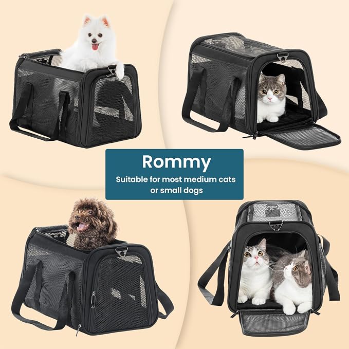 Airline Approved Cat Carrier, Soft-Sided Collapsible Pet Carrier for Travel, 3 Carrying Ways, Lightweight and Ventilation on 5 Sides, Escape Proof, with Soft Fleece Pad