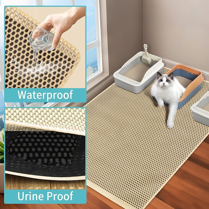 Cat Litter Mat Litter Trapping Mat, XXL 47x36in, Extra Large Litter Box Mat | 2-Layer Honeycomb Oversize Large Litter Box Mat, Waterproof & Liquid-Proof Cat Mat, Less Mess, Keeps Floor Clean, Khaki