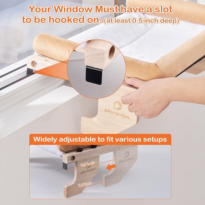 Cat Window Perch + Bonus Toy by Petronaut – Solid Wood, Durable & Easy-Clean, Comfortable Orthopedic Hammock, No Drilling, No Suction Cups, Holds 40 lbs – Window Seat for Large Cats, 21.7"x15"