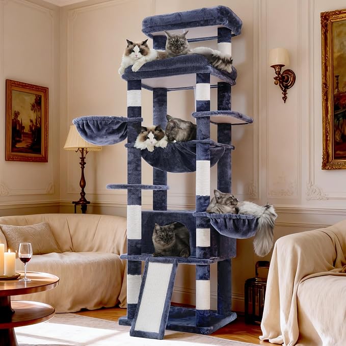Hey-brother Cat Tree Tower with Extra Large Platform and Basket, MPJ080G | 71.7 Inches Scratching Posts with Specious Condo, 2 Cozy Hammocks, Scratch Board for Indoor Adult Cats, Maine Coon Smoky Gray