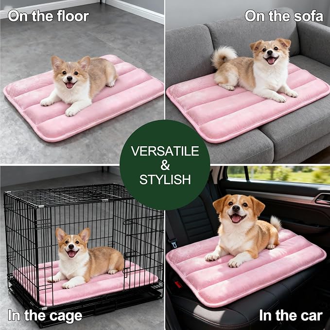 Dog Bed Mat, Reversible Dog Crate Pad with Washable Kennel Mat and Soft Foam, Flat Pet Bed for Dogs & Cats, for Crates Carriers & Travel (Pink, 23" L*14" W*1.5" Th)