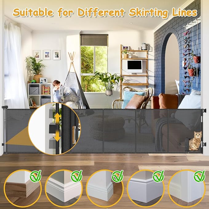 Reinforced 150” Extra Wide Retractable Baby Gate with Cat Door 12.5ft Outdoor Pet Gates for Wide Openings 37 Inch Tall Retractable Dog Gates for Doorways Long Pet Gate Indoor with Cat Door, Black