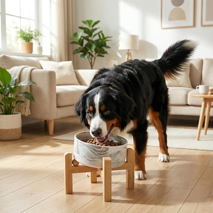 hjn Elevated Ceramic Dog Bowl 15°Slanted Raised Dog Bowl with Bamboo Stand for Small Medium Dogs and Cats, Pet Feeder -7.6-Cup (1800ml)-Marble Gray