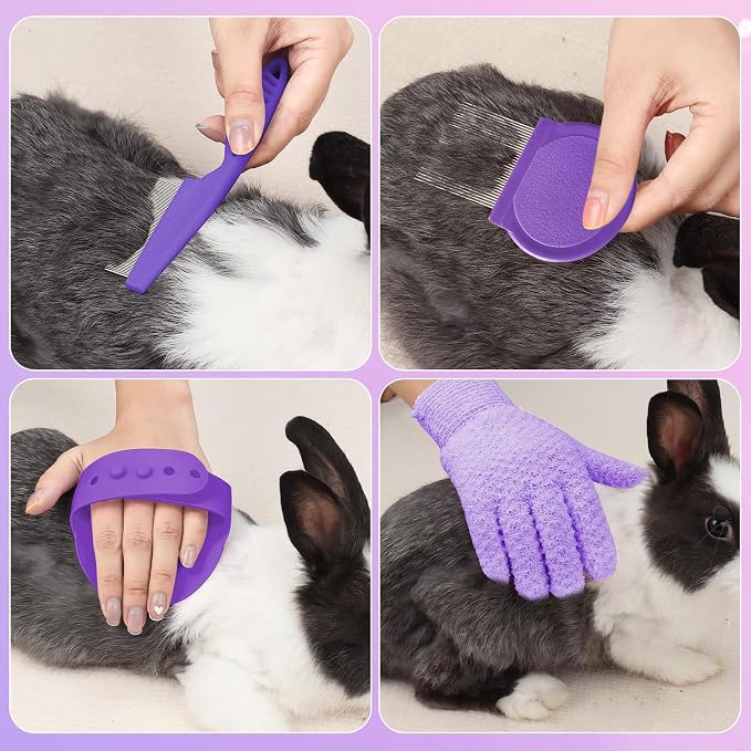 VCZONE 8 Pcs Small Animal Grooming Kit, Rabbit Grooming Kit with Pet Nail Clipper and File, Flea Comb, Pet Shampoo Bath Brush, Pet Shedding Slicker Brush, Bath Massage Glove, Cleaning Comb (Purple)
