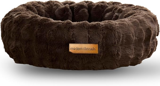 Modern Threads Calming Donut Dog Bed for Medium Dogs, Plush Round Faux Fur Pet Bed with Raised Bolster, Soft Washable Dog Bed, 30x30x9, Chocolate Brown