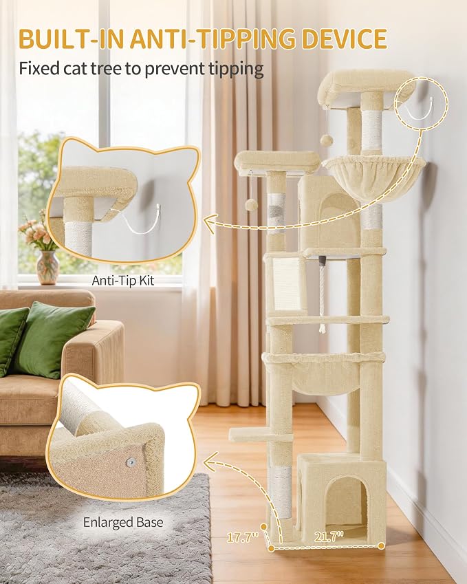 Hzuaneri Large Cat Tree, 72 Inch Tall Multi-Level Cat Tower for Indoor Cats | Cat Condo Furniture with 6 with Sisal Scratching Posts, 2 Large Platforms, 2 Cats House, Hanging Basket, Beige MS18318YG