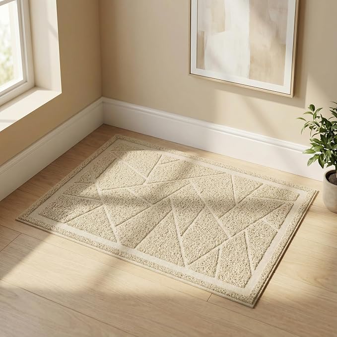 Cat Litter Box Mat, Kitty Premium PVC Pad, Durable Trapping Rug, Phthalate Free, Urine-Resistant, Scatter Control, Mosaic, L 35 x 23 Inch, Beige