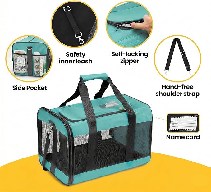 Conlun Dog Carrier Soft Sided, Large Cat Carrier with Inner Safety Leash, Pet Transport Carrier for Large Cats and Medium Dogs up to 20 Lbs, Collapsible Travel Puppy Carrier Bag -Turquoise L