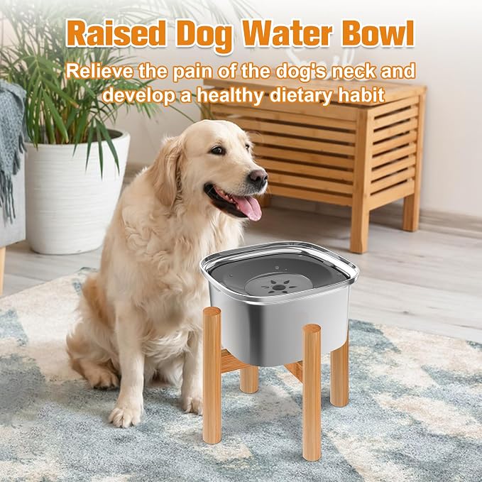 Decflow 3L Elevated Dog Water Bowl, Stainless Steel Raised Food Dispenser with Stand, Large Capacity No Spill Dog Water Bowl for Small, Medium and Large Dogs | Raised Feeder with Wood Stand, spill proof Design, Large Capacity, for Small Medium Large Do...