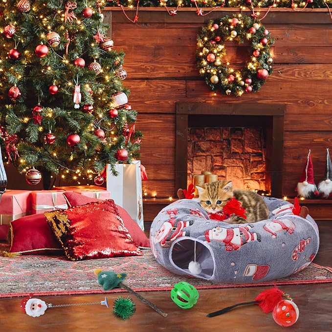 Dansydaisy 9 Pcs Cat Tunnel Under Christmas Tree, 3ft Cat Donut Tunnel with Plush Cushion and 8 Toys Cozy Washable Cave for Kittens Small Medium Pets Rabbits Gifts for Christmas