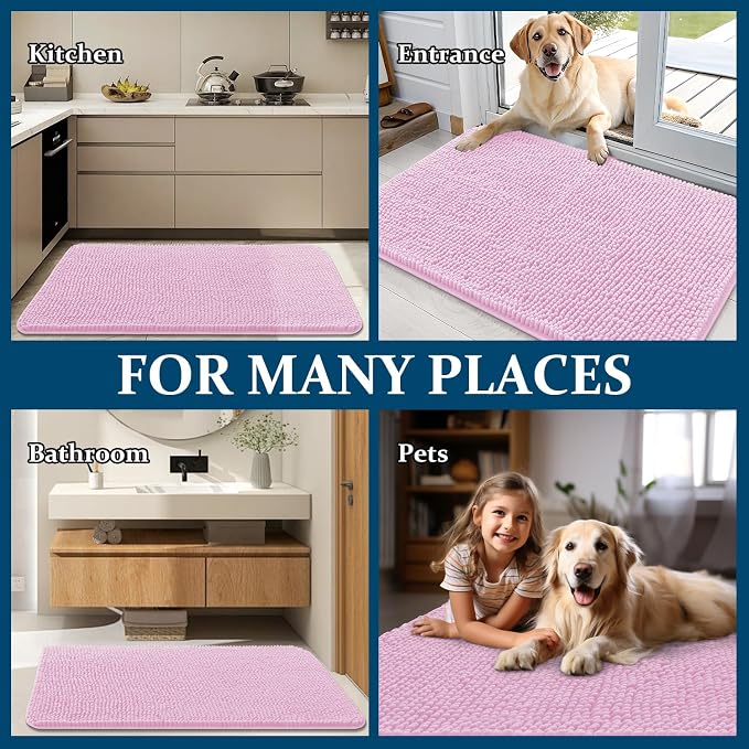 OLANLY Dog Door Mat for Muddy Paws 47x20, Super Absorbent Chenille Mud Mat | Pink, Absorbs Moisture and Dirt, Non-Slip Machine Washable Doormat, Quick-Drying Indoor Entryway Floor Carpet for Dogs