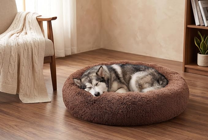 SAVFOX 36 inches Calming Donut Dog Bed - 3X Durable Plush Faux Fur, Machine Washable & Non-Slip, Fits up to 100 lbs, Brown