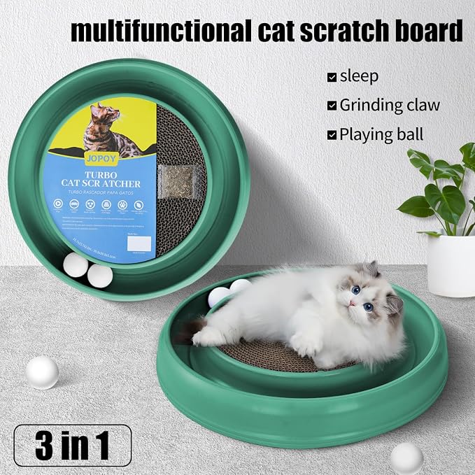 Cat Scratcher Toy Ball Track, Green | Round Interactive Scratching Board, Exercise Set, Indoor Cats, Adult and Kitten, Mental & Physical Stimulation