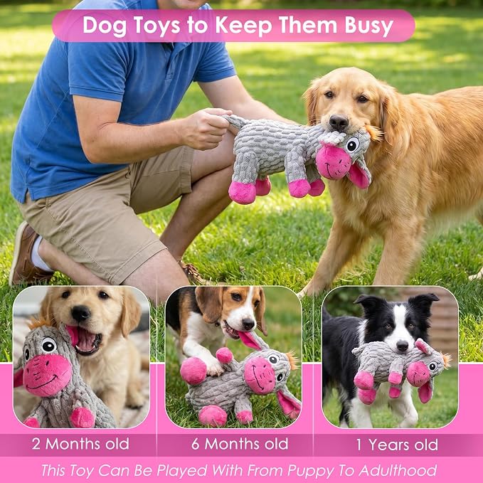 Squeaky Plush Dog Toy, Crinkle Ears Interactive Dog Chew Toy for Small Medium Dogs, Durable Corduroy Stuffed Animal Dog Toys for Puppy Teething, Boredom Relief & Indoor Fetch Play