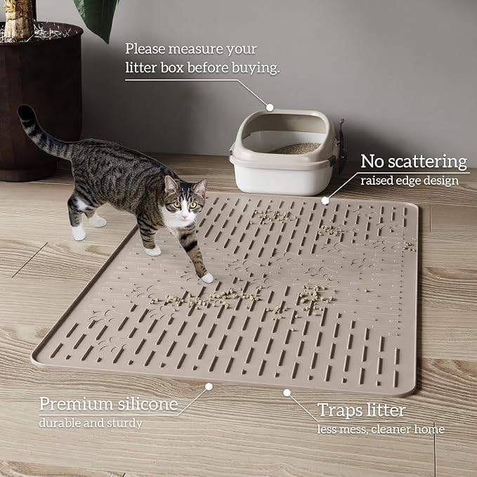 OHMO XL Cat Litter Mat, 37.5x25.2 Silicone Trapping Mat Beige | for Kitty Litter Box, Easy Clean, BPA Free Rubber, Center Litter Collection, Easy Pour-Back, Waterproof, Odor-Resistant