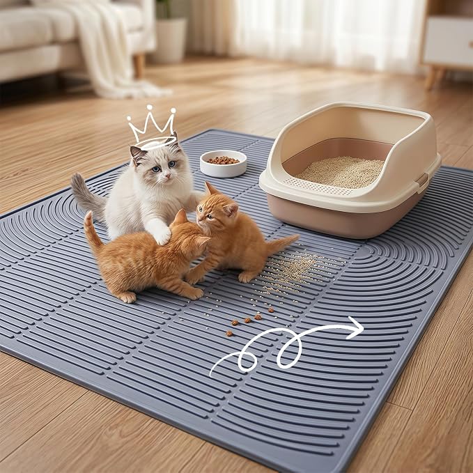 Cat Litter Mats for Floor, 34"x22" Silicone Litter Box Mat with Raised Edges, Highly Effective Litter Trapping Mat for Scatter Control, Non-Slip Waterproof Pad, Easy to Clean & Pet Friendly, Gray