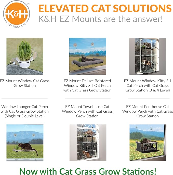 K&H Cat Window Perch, EZ Mount Double Stack Kitty Sill For Large Cats, Gray | Sturdy Cat Window Hammock Bed, Fits 27in Wx31in H Glass Spaces, Steel Frame & Suction Cups, 2 Washable Shelf Covers, Foldable