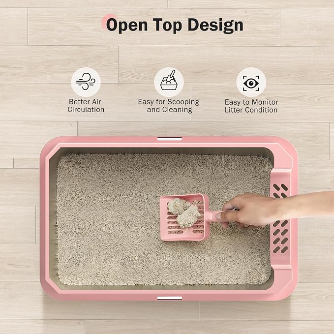 Stainless Steel Litter Box, Extra Large Litter Boxes for Big Cats, XLarge Metal Cat Litter Box with Lid, Anti-Urine Leakage XL Box with High Sides, Easy Clean, Non-Sticky, Scoop Included (Pink, XL)