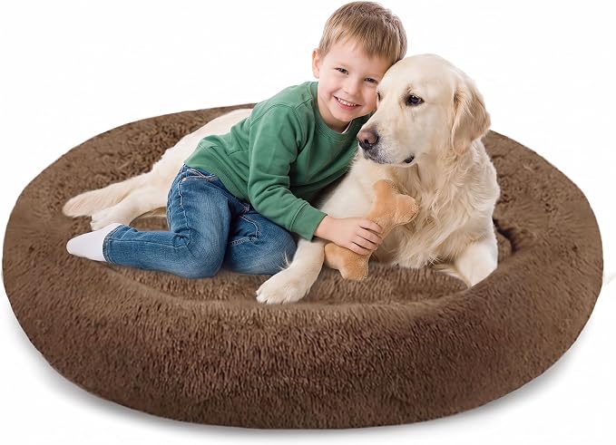 SAVFOX 54 inches Calming Donut Dog Bed - 3X Durable Plush Faux Fur, Machine Washable & Non-Slip, Fits up to 210 lbs, Removable Cover, Brown