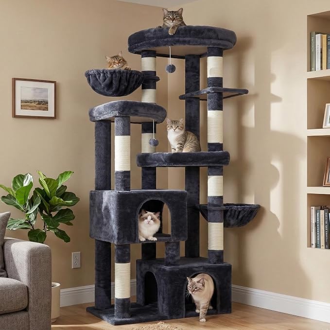Hey-brother Cat Tree Tower with Tiered Padded Platforms, Condos, MPJ084G | 67.3 Inches Multi-Level Cat House with 9 Sisal Scratching Posts, 2 Plush Hammocks, Toy Ball for Indoor Multi-Cats, Smoky Gray