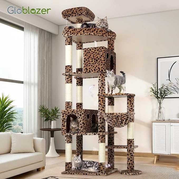 Globlazer Giant Cat Tree for Indoor Large Cats, 83in, F83, Leopard Print | XXL Cat Tower with 9 Scratching Posts for 20lb+ Heavy Duty Large Adult Cats