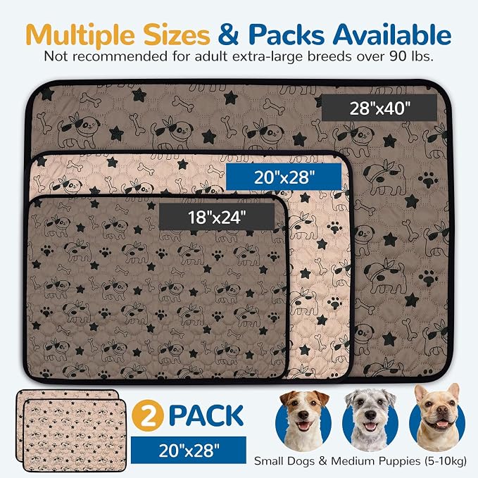 BAEJMJK Washable Dog Pee Pads, Reusable Dog Crate Mats Puppy Training Pads, 4-Layer Super Absorbent Waterproof Non-Slip Leak-Proof Ideal for Potty, Crate, Playpen & Travel(20"x28",Coffee 2-Pack)