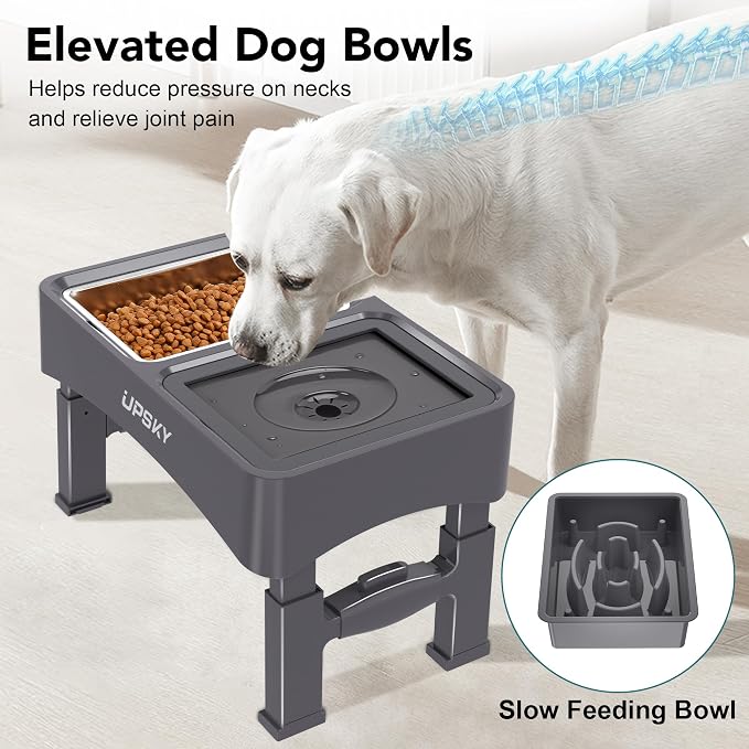 UPSKY 3-in-1 Elevated Dog Bowls Set with 4 Height Adjustable Stand, Gray | 304 Stainless Steel Bowl, No Spill Water Bowl, Slow Food Bowl, Anti-Slip, Dishwasher Safe, Suitable for Small Medium Dogs