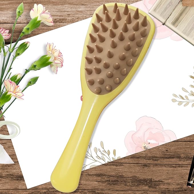 Pet Silicone Shampoo Brush for Long Short Hair Dogs Cats Washing, Dog Washing Brush with Handle for Bathing, Massaging, Hair Removal, on Wet or Dry Hair (Yellow)