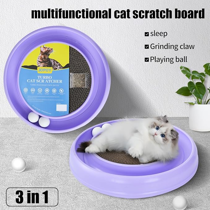 Cat Scratcher Toy Ball Track, Purple | Round Interactive Scratching Board, Exercise Set, For Indoor Cats, Mental & Physical Stimulation, For Bored Adult and Kitten