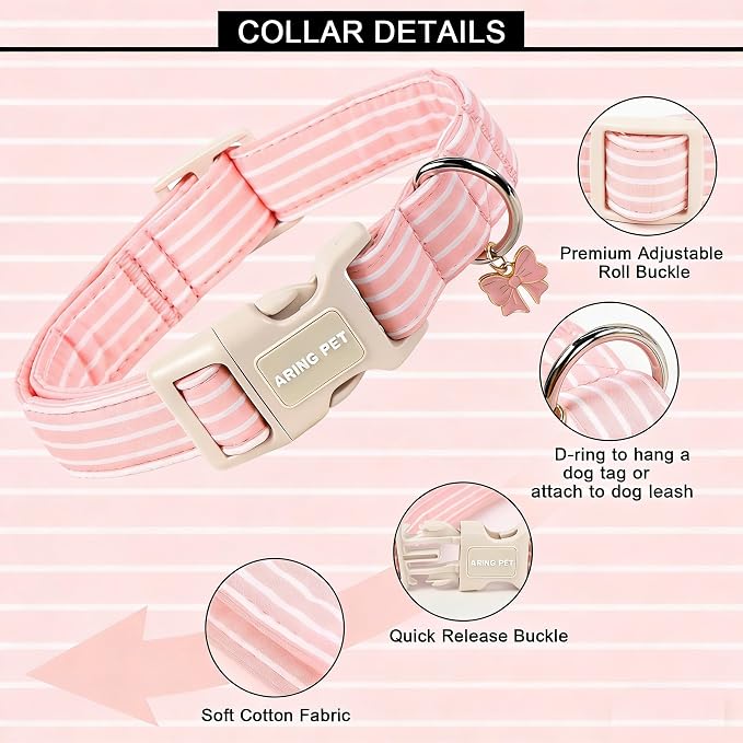 ARING PET Stripe Dog Collar, Cute Spring Summer Pink Stripe Pet Collars with Bow Charm for Puppy Small Medium Large Female Girl Dogs-XS, for Daily Outdoor Walking Training