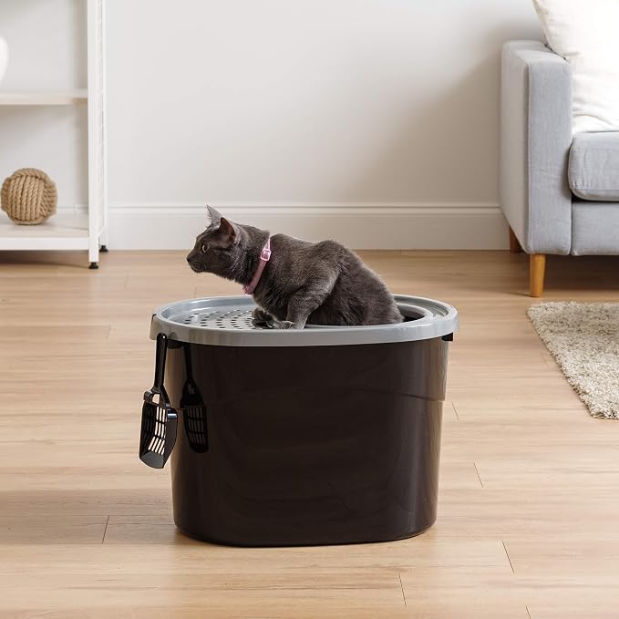 IRIS USA Large Top Entry Cat Litter Box with Lid, Enclosed Covered Cat Litter Box for Indoor Cats, Dog Proof Design, Odor Control, Litter Tracking Reduction, Scoop Included, Black/Gray