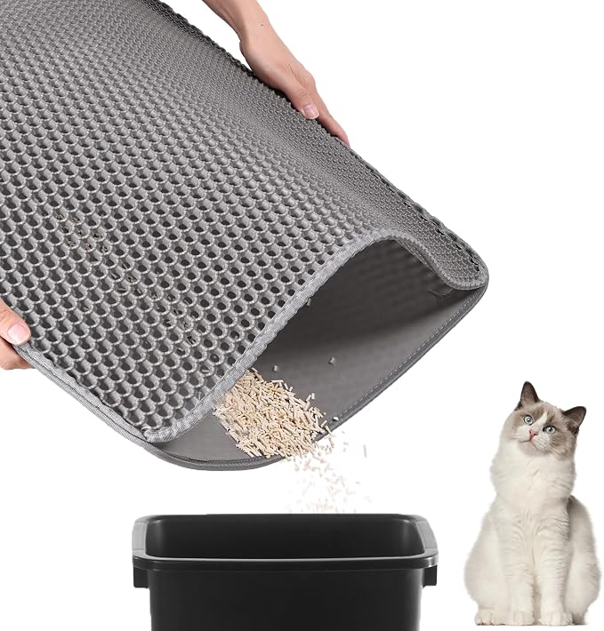 Cat Litter Mat - Extra Large Cat Litter Mat Litter Trapping Mat 46"x26"-Honeycomb Double Layer Design,Urine and Water Proof Material,No Slip& No Phthalate,Washable Easy Clean(Grey)