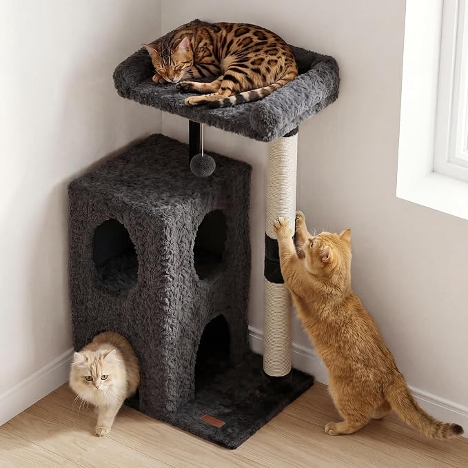 FUKUMARU Cat Tree, 36.2in Luxury Plush Cat Tower with Two Caves, Multi-Level Cat Condo with Sisal Scratching Post, Adult Cat Tree Towers for Indoor Cats with Top Perch, Medium Heavy Duty Kitten House