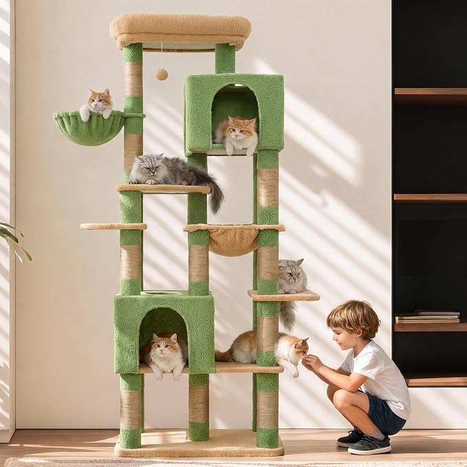 Heybly Cat Tree, 76-Inch Tall Heavy Duty Cat Tower for Big Cats HCT039GY | Multi-Level Large Cat Furniture with Extra Wide Baseboard, 2 Condos & 2 Hammocks, 10 Scratching Posts, Green and Yellow