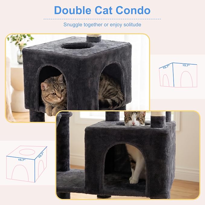 Heybly 68.1" Cat Tree with Oversized Top Platform & Wide Base HCT059G | Heavy Duty Cat Tower for Large Indoor Cats with 2 Condos, 2 Hammocks, 10 Sisal Scratching Posts, Stable Cat House, Smoky Gray