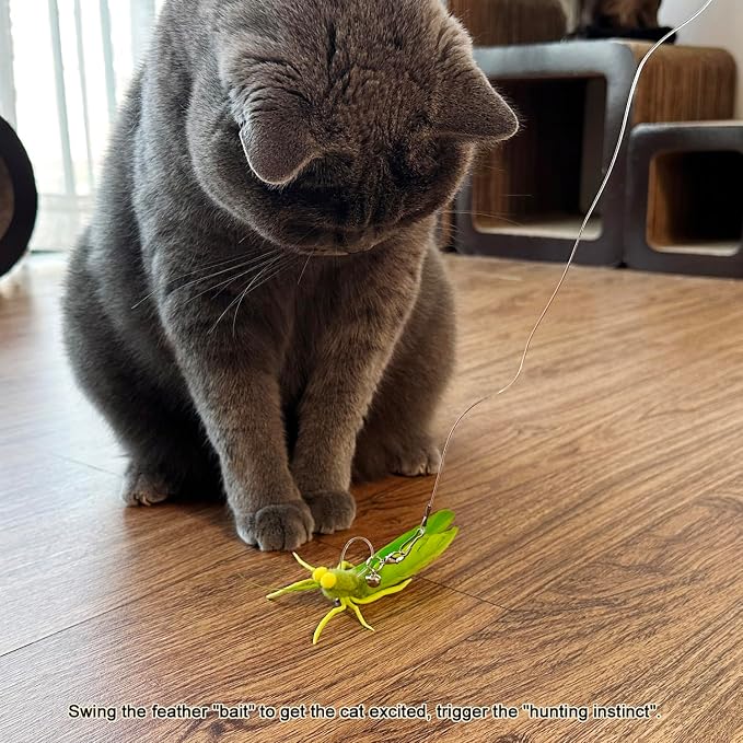 TTcat 3 Pack Grasshopper Cat Wand Refills, Realistic Green Insect Natural Feather Detachable Replacement Toy with Bell, Universal Lobster Clip-on Cat Teaser Attachments.