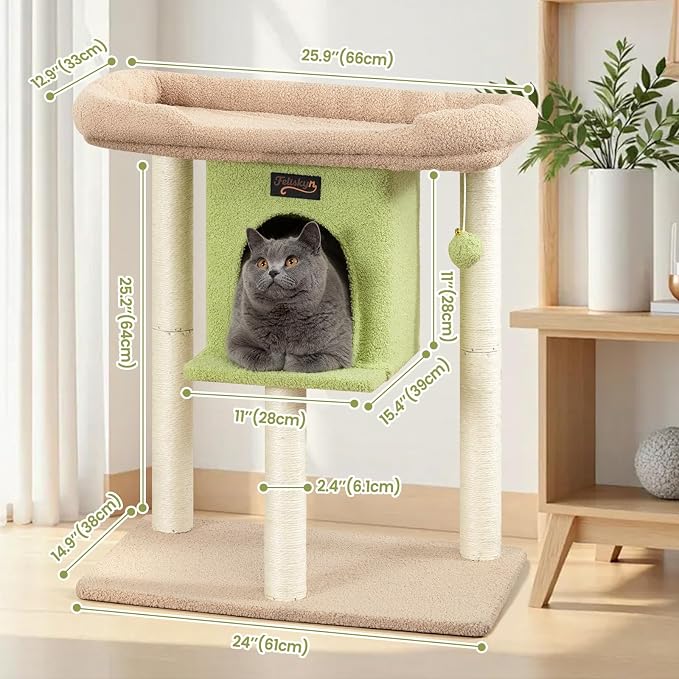 Cat Tree Tower Scratching Post for Indoor Large Adult Cats with Perch Bed | 28in Tall Small Cat Trees House with Big Perch, Condo, Toy Balls, Modern Kitten Climbing Furniture Platform, Green