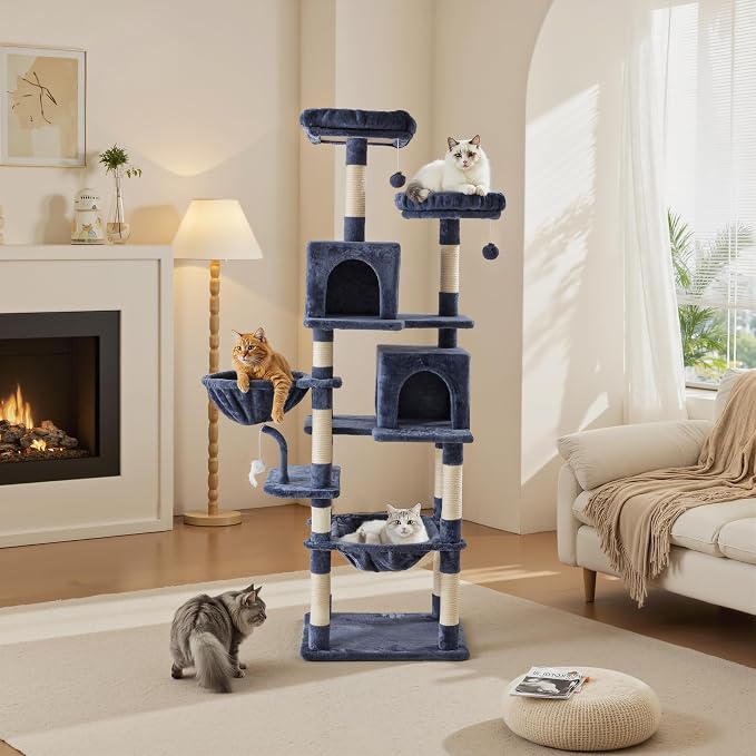71 Inch Large Cat Tree Tower with Sisal Scratching Post | Multi-Level Cat Climbing Tower with Hammock, Pet Condo for Indoor Cats and Kittens, Grey