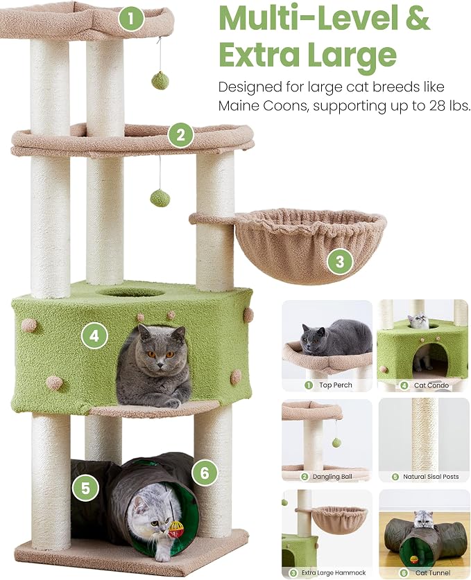 Cat Tree Tower for Large Cats Adult - 60 Inch XXL Sturdy Heavy Duty Extra Wide Scratching Posts (φ4.4in) Condo - Indoor Big Cat House Hammock Perch - XL Wood Multi Level Feline Pet Bed Trees Houses